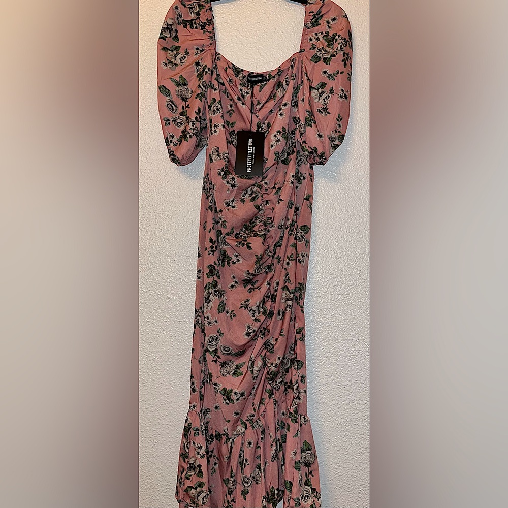 Pink Floral Ruched Front Frill Hem Midi Dress